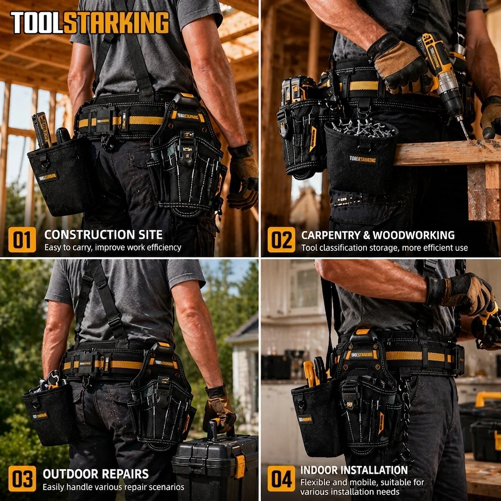 TOOLSTARKING 5PCS Tool Belt Set with Suspenders, Multi-Pocket Tool Pouch, Heavy Duty Waist Belt, Carpenter Utility Kit for