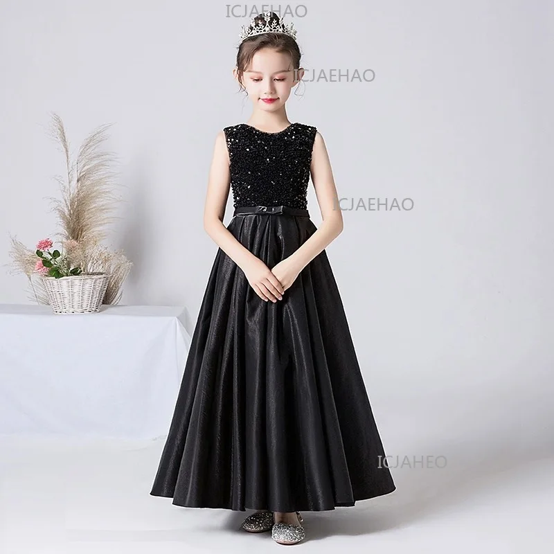 Kids Formal Black Girls Banquet Host Evening Concert Sequin Long Dress Elegant Fashion Clothes Gown Student Piano Performance