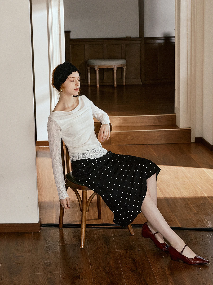 

OLrain французский женский кружевной вязаный пуловер, женский облегающий футболка с открытым вырезом, осень 2021, топы с длинными рукавами O57QX000919