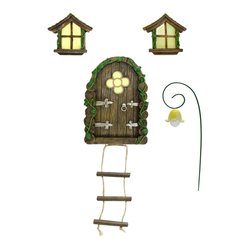 Miniature Garden Door Glow In Dark Fairy House Window Door with Fairy Lamp for Garden Fairies Sleeping Yard Sculpture