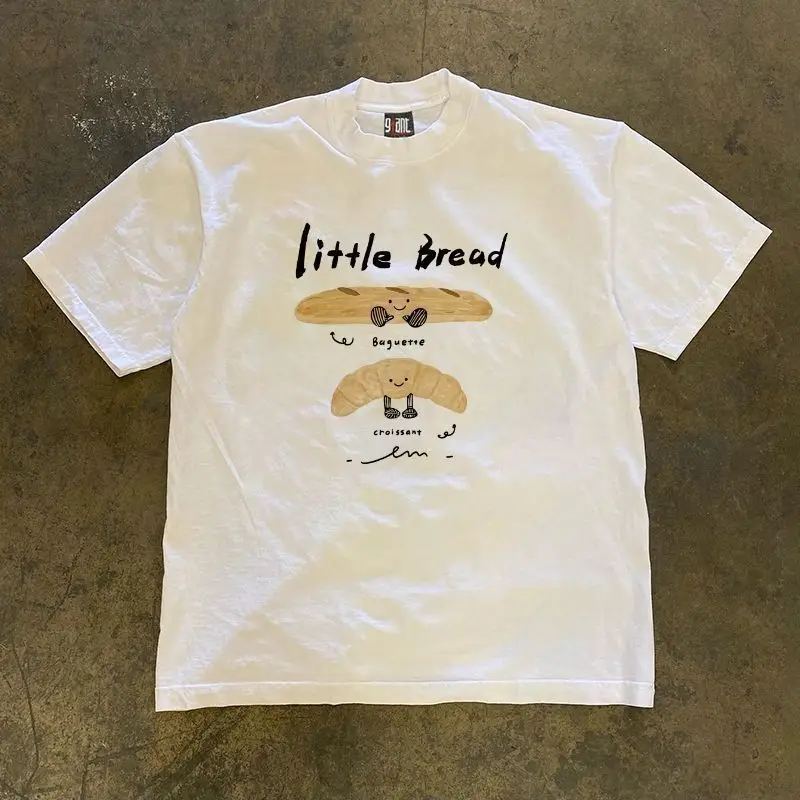 

American High Street Fashion Brand Retro Loose Bread Print T-shirt Loose Comfortable Unique Top for Men and Women