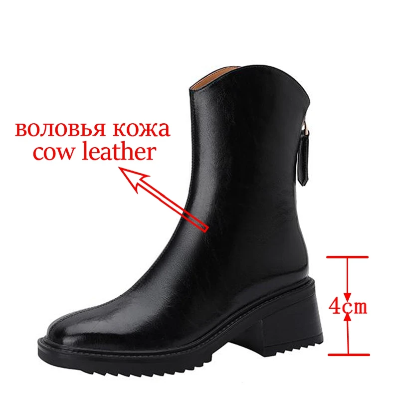 Krazing Pot Cow Leather Round Toe Med Heels Modern Boots Large Size 43 Platform Retro Fashion Simple Style Zipper Ankle Boots