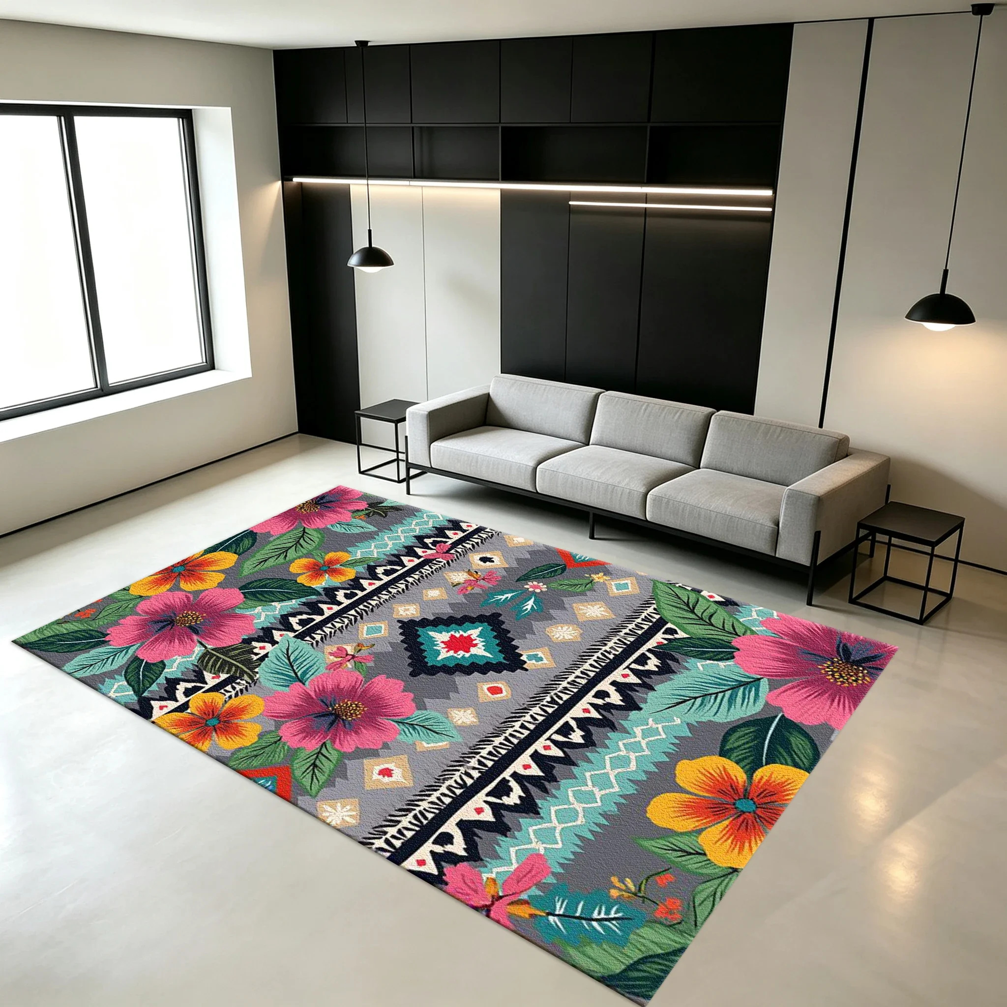 Bohemian Style Tropical Floral Ethnic Geometric Pattern Carpet Non-Slip Home Decor Floor Rug