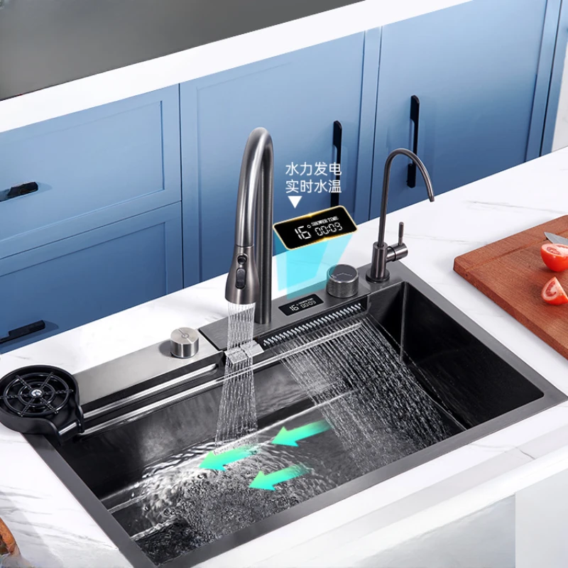 Left drainage digital display waterfall sink piano button, nano 304 stainless steel vegetable sink, kitchen sink, household sink