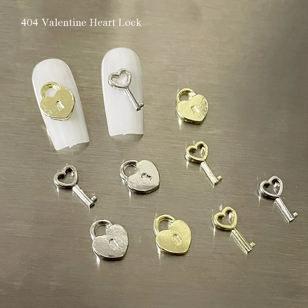 Candado de San Valentín con forma de corazón, dijes de llave de aleación de Metal, diseño cromado, accesorios de punta de Gel para uñas, 404art