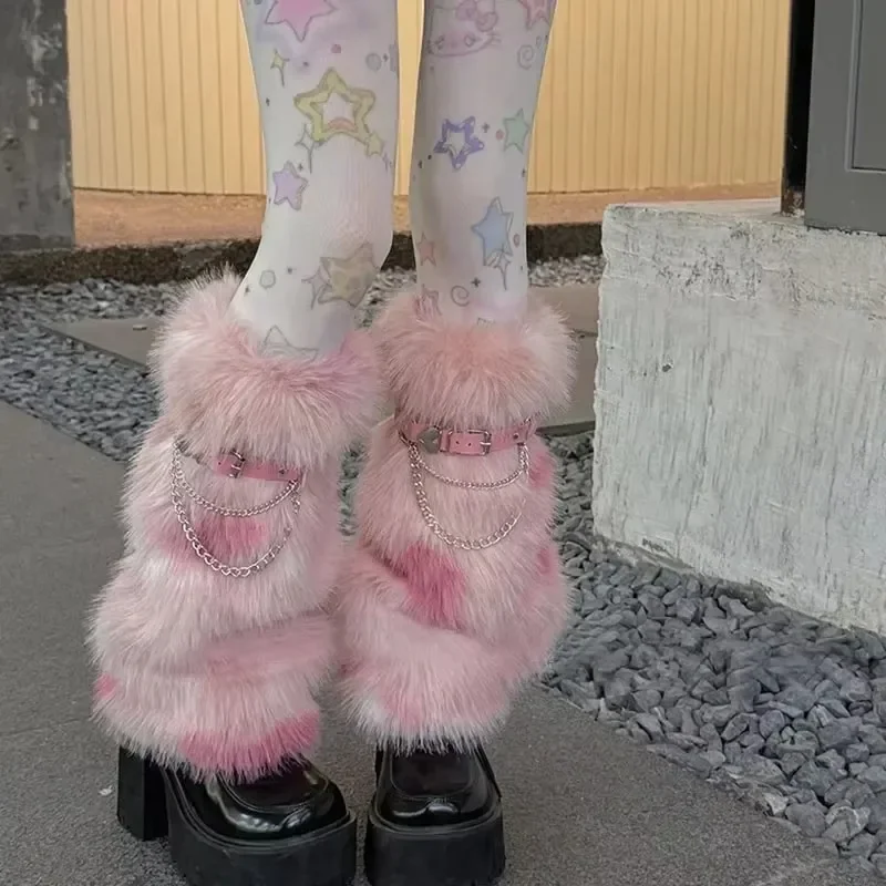 1쌍 여성용 레오파드 플러시 퍼 레그 워머 펑크 겨울 양말 두꺼운 인조 레깅스 부츠 커버 로리타 파티 액세서리