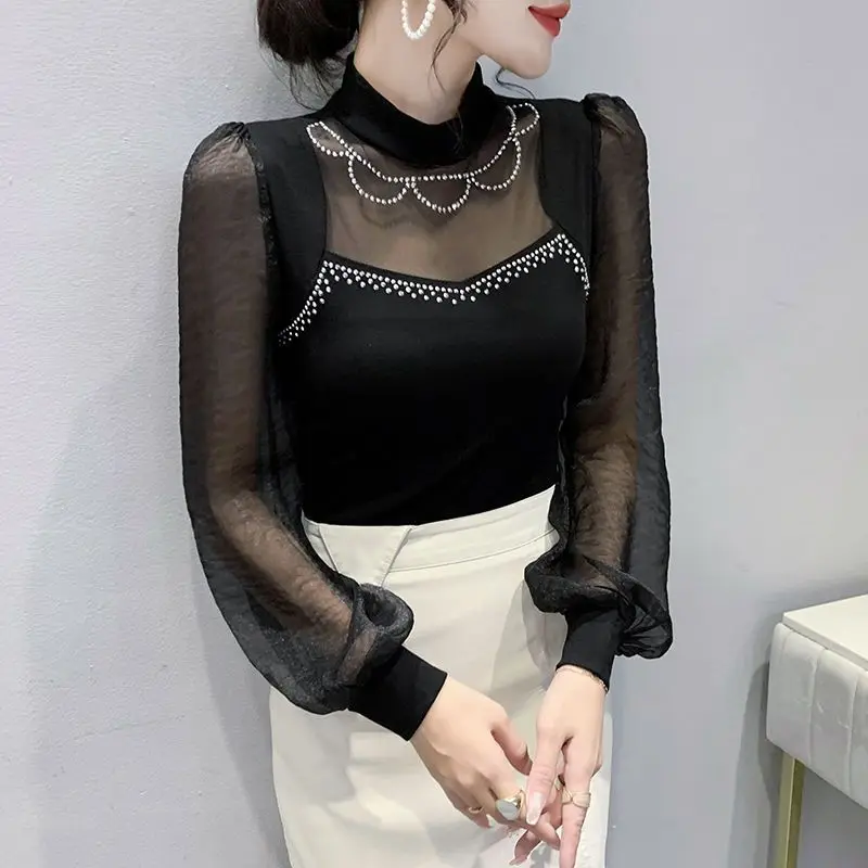 Autumn New Half Height Collar Bottoming Shirt Ladies Net Yarn Diamonds Interior Lapping T-Shirts Elegant Elegant Pullover Tops