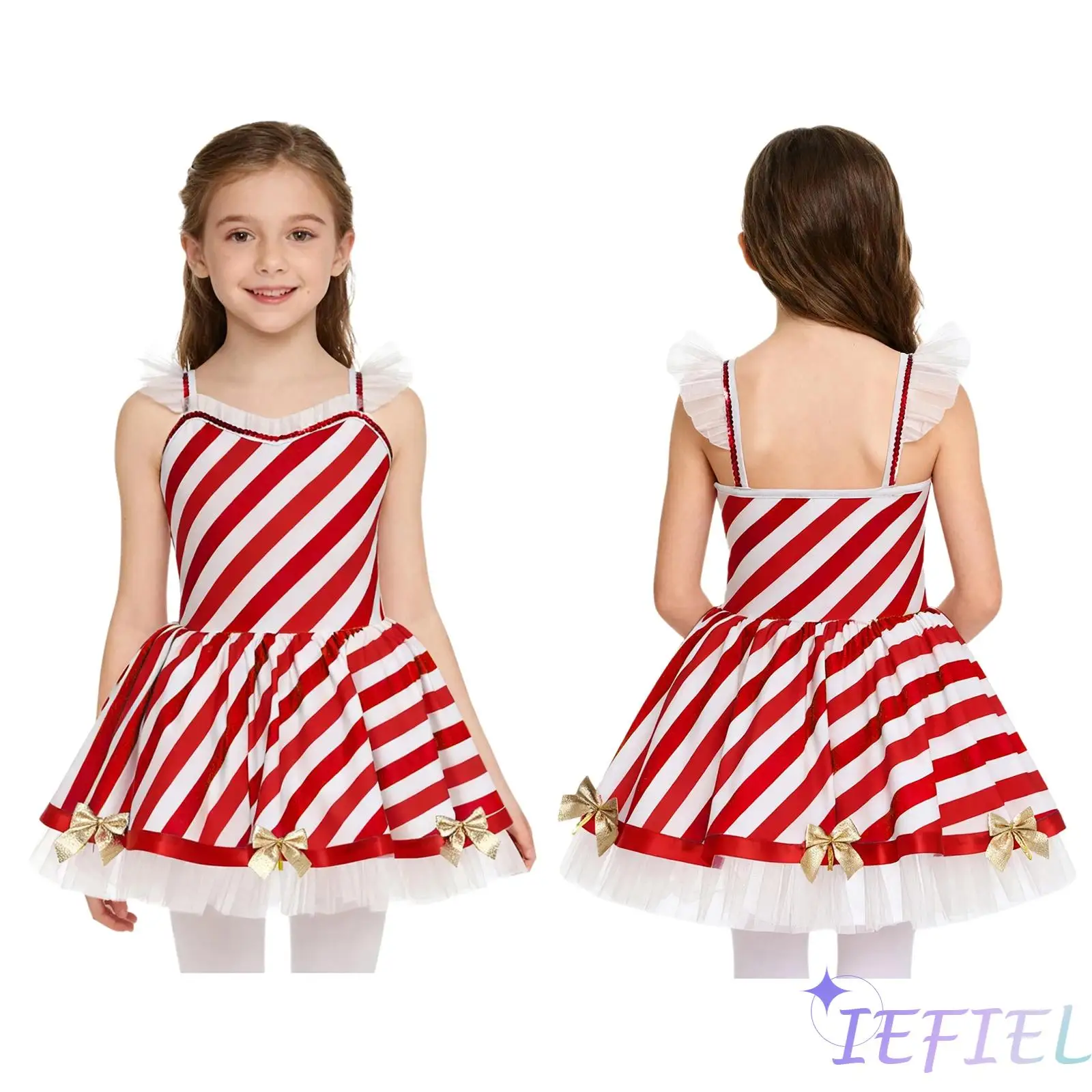 

Kids Girls Christmas Candy Cane Costumes Ruffled Mesh Trim Shoulder Straps Bow Decor Skirt Xmas Santa Claus Stripe Dress