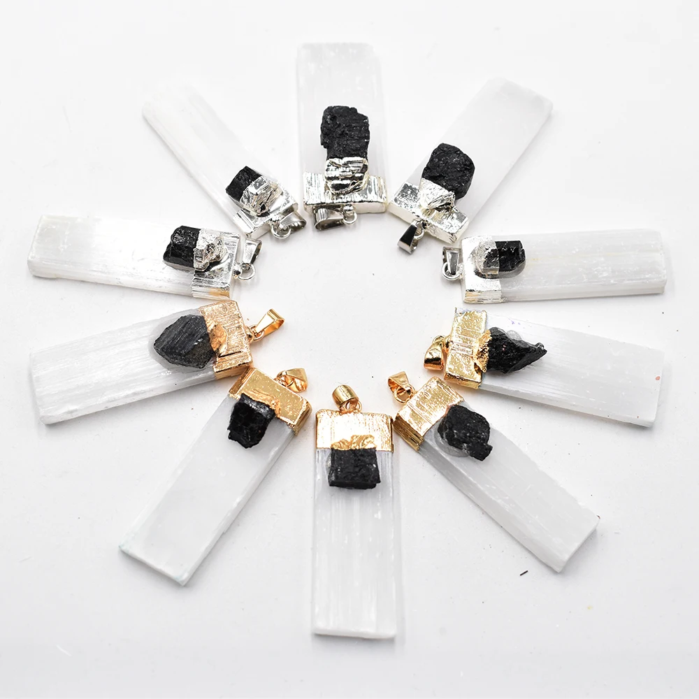 

wholesale 10pcs/lot natural Selenite Plaster Black Tourmaline Pendants Rock Mineral Specimen Jewelry Reiki Healing Energy Charms