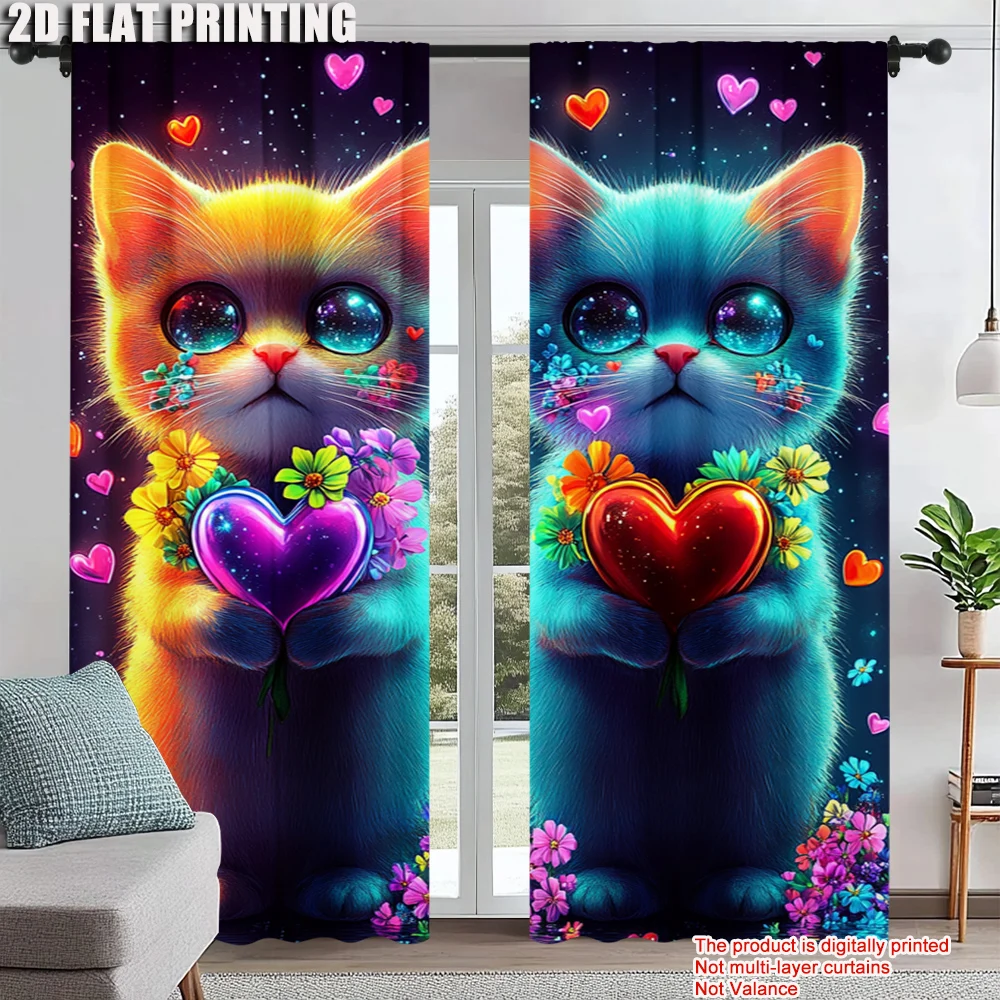 

2Pcs Colorful Dream Cat Printed Window Curtain Rod Pocket Window Treatment For Bedroom Office Kitchen Living Room Study Home