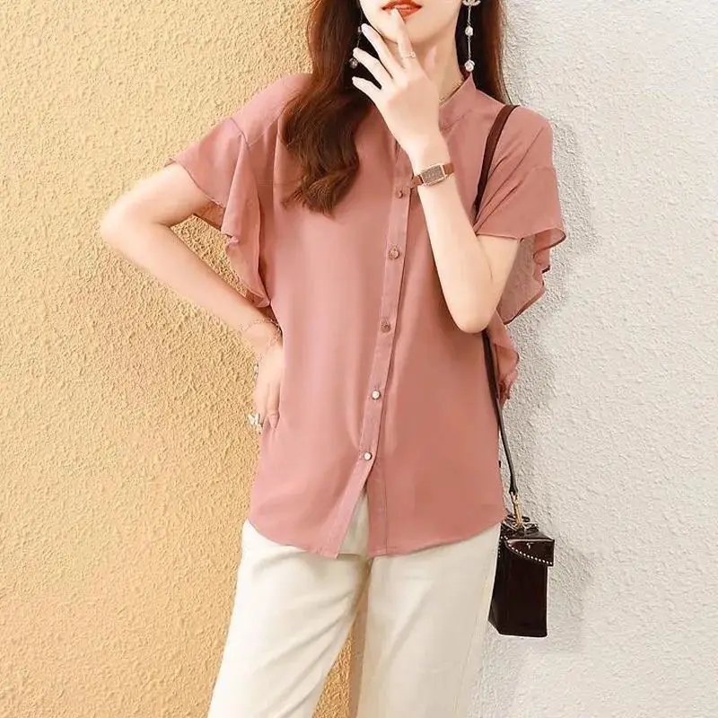 Elegant Solid Color Loose Single-breasted Blouse Women Classic Short Sleeve Summer O-collar Office All-match Lady Chiffon Shirt