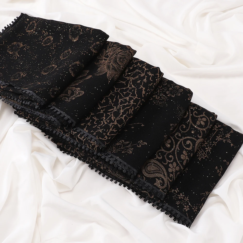 Vintage Glitzer-Hijab für Frauen, schwarz-brauner Schal mit Blumenmuster und Quastenrand, muslimisches Kopftuch, islamischer Schal. – Detail 4