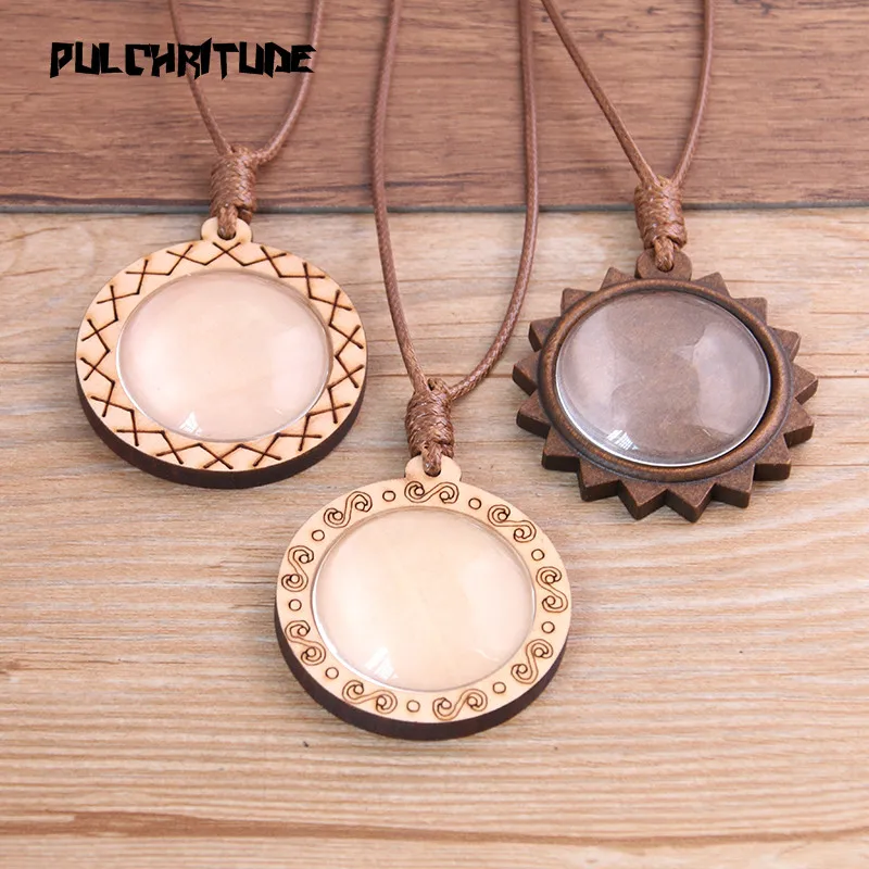 2pcs 30mm Inner Size Round Wood Cabochon Setting Blank Cameo Pendant Base Trays With Leather Cord For Jewelry Making