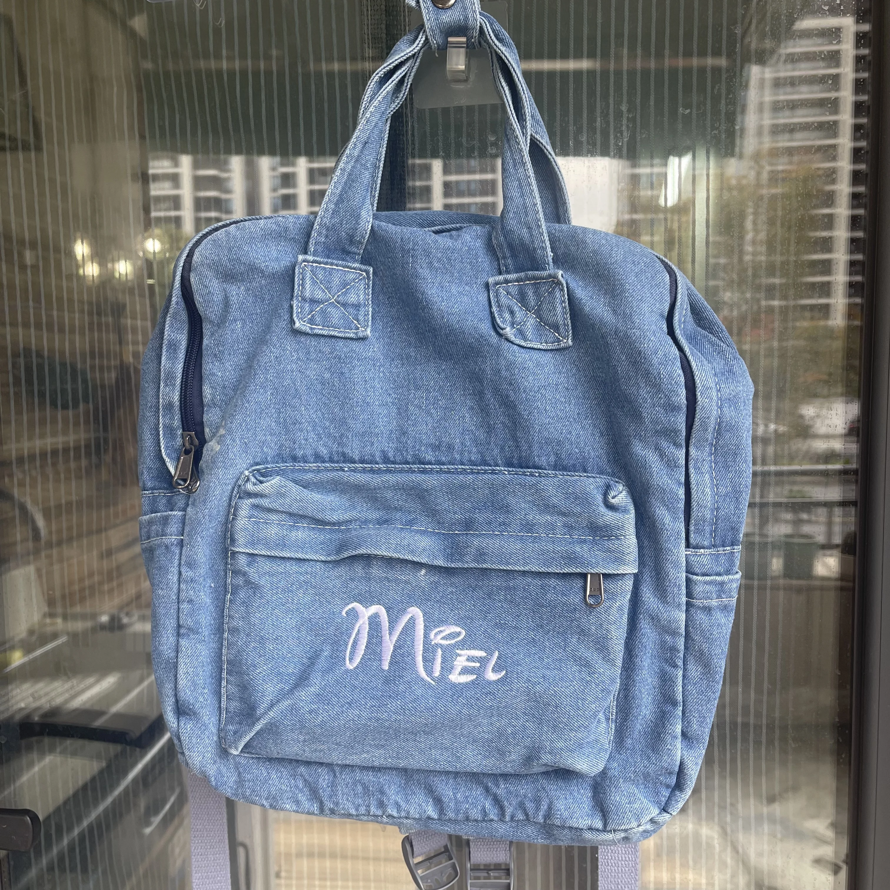 Personalized Denim Canvas Backpack Large Capacity Women\'s Casual Backpack Customized Embroidery Name, College Student Travel Bag