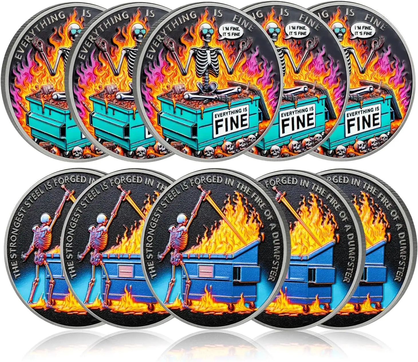 

10Pcs Sunglasses Skeleton Dumpster Fire Coin, Forging Steel Dumpster Fire Challenge Coin - Funny Office Desk Accessories -