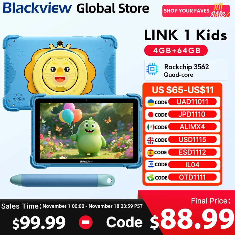 블랙뷰 LINK 1 키즈용 태블릿, 8.68인치 HD IPS 디스플레이, Widevine L1, 64GB, 안드로이드 16, 어린이 학습 및 놀이용 태블릿