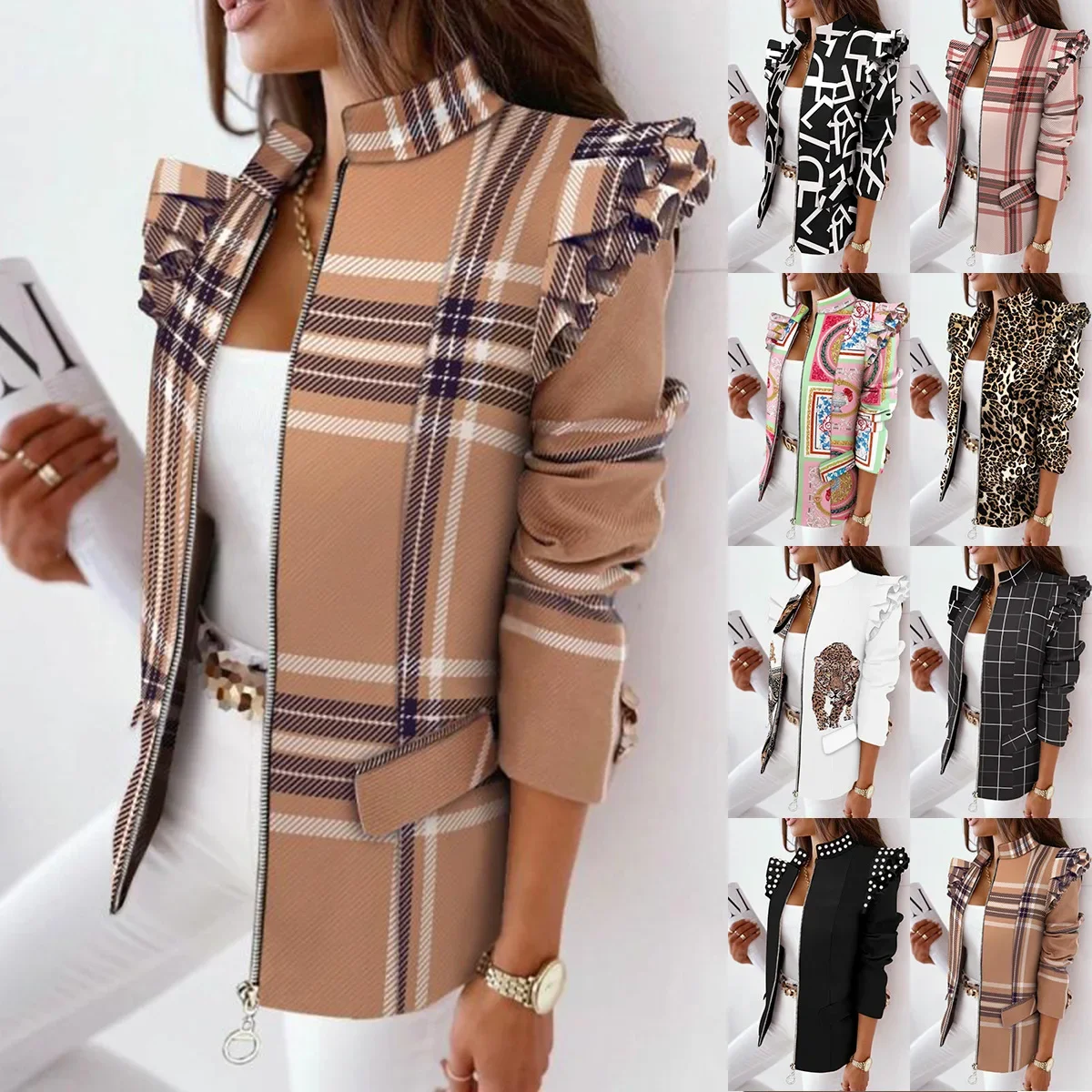 2021 Amazon Best Seller New Autumn/Winter Plaid Zipper Ruffle Edge Small Jacket From China Perfect For Cool Weather Scenarios