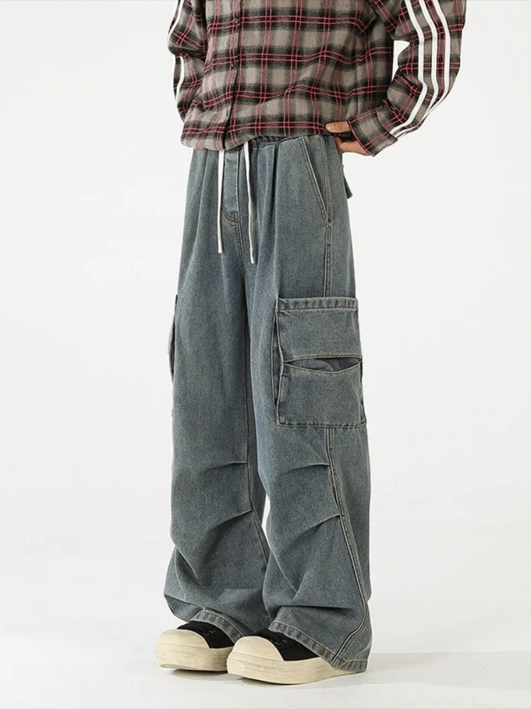 

American Sle Men's Workwear Jeans Folded Design Straight Leg Long Pants Spring Autumn Wear Resistant Casual Faion