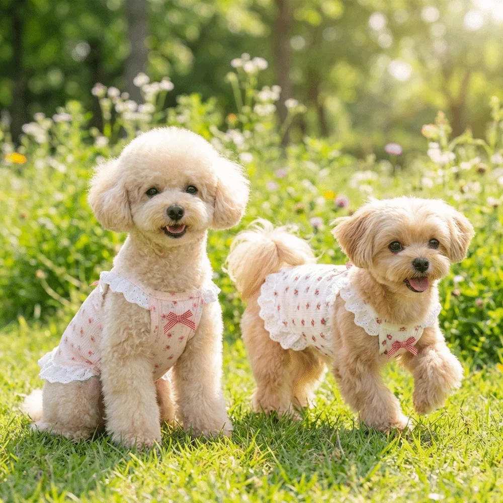 Flower Pattern Pet Camisole Vest Lace Trimmed Flying Sleeves Floral Dog Dress Cute Short Length Puppy Clothes Cat Clothes