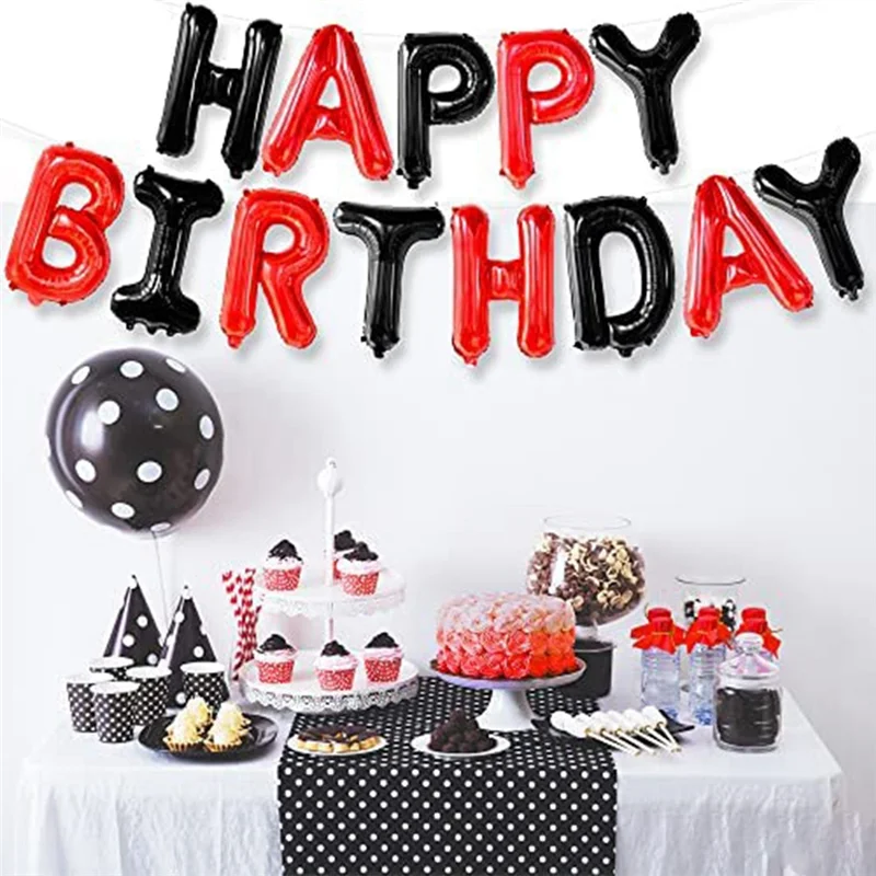 N37R_Black and Red Happy Birthday Banner Balloons - 16 Inch