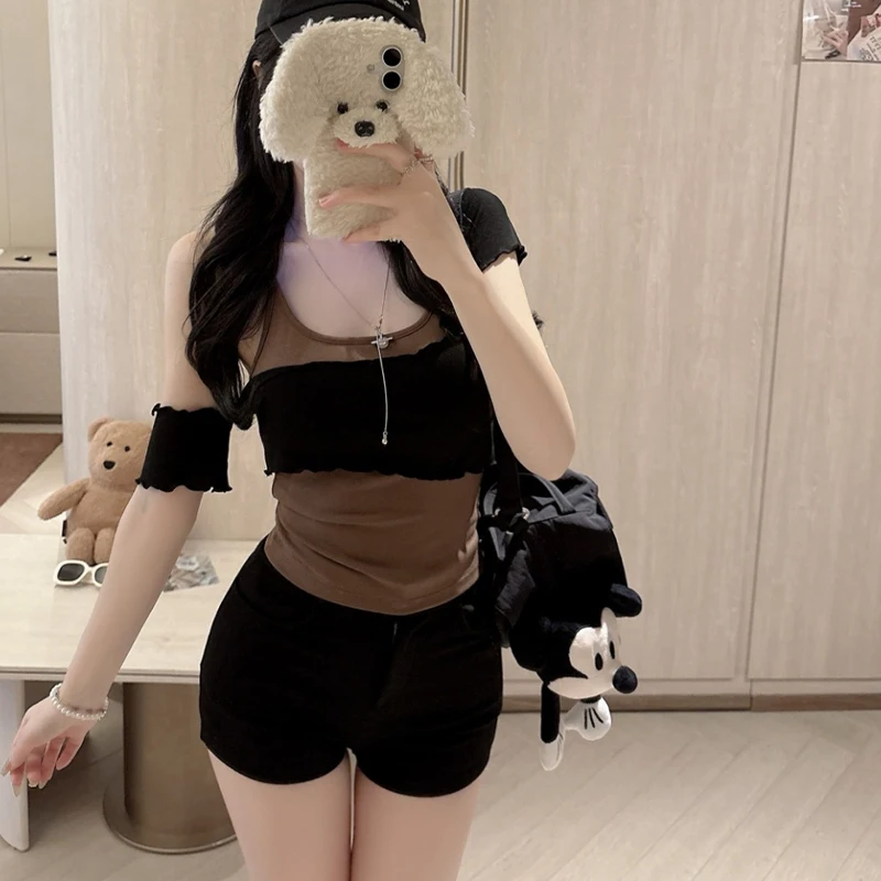 T-shirt estiva Gilet sexy con scollo all'americana + T-shirt a maniche corte con spalle scoperte Set da due pezzi per donna