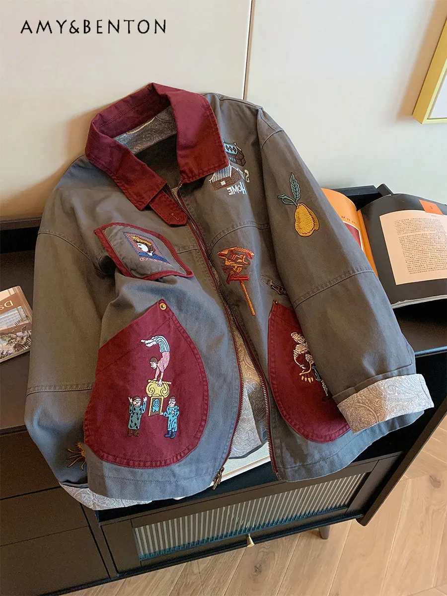 

American Hip-Hop Cartoon Print Turn-Down Collar Workwear Jacket for Women Loose Casual Gray Jacket for Spring and Autumn