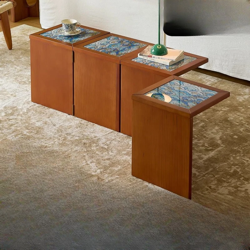 

Solid wood glass creativity, wavy folding tea table, French retro