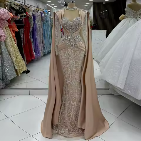 Luxurious Women's Evening Dresses Shoulder Train Crystal Mermaid Dress Lace Long Sleeves Formal Evening Gown Elegant Party Dress