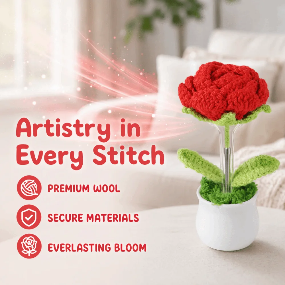 Wool Yarn Hand Knitted Artificial Rose Flower Red ， Pink 5.12in Handmade Woven Rose Ornament Knitted Rose Potted Plant