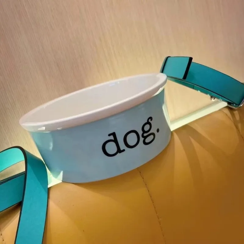 New Pet Three-piece Bone China Dog Bowl Cat Bowl Rice Basin Contains 17.5CM Collar Traction Rope Gift Box