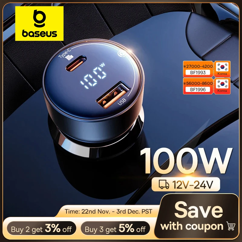 Baseus PD 100W Car Charger Quick Charge QC4.0 QC3.0 PD 3.0 Fast Charging For iPhone 16 15 14 13 Pro Max Samsung XiaoMi Phone