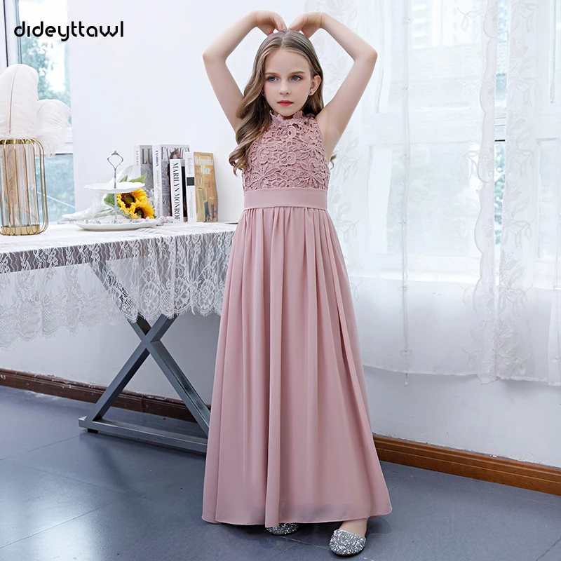 Dideyttawl Dusty Rose Long Chiffon Flower Girl Dress Sleeveless Concert Junior Bridesmaid Dresses Girls Birthday Gowns