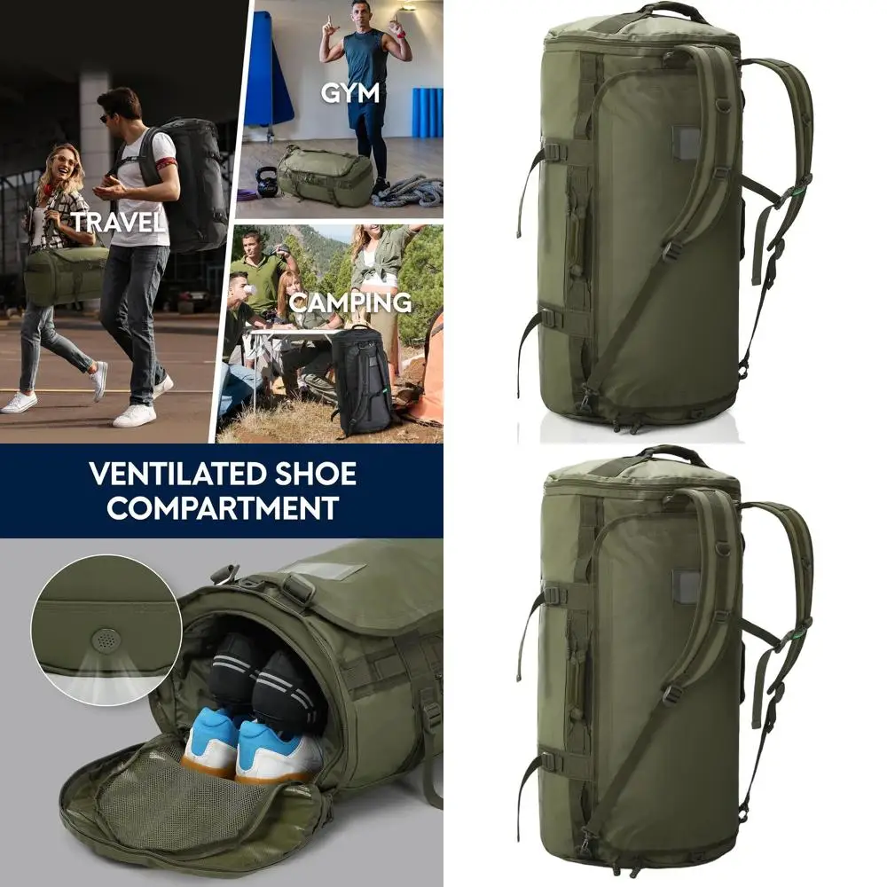 

60L Convertible Travel Backpack with Shoe Compartment, Carry-On, Water-Resistant, Army Green