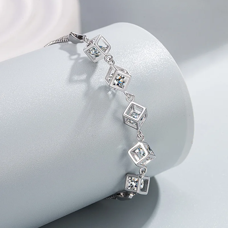 Luxury 925 Sterling Silver Zircon Bracelets for Woman Korean Designer Double Layered Square Geometry Bracelets Original Jewelry