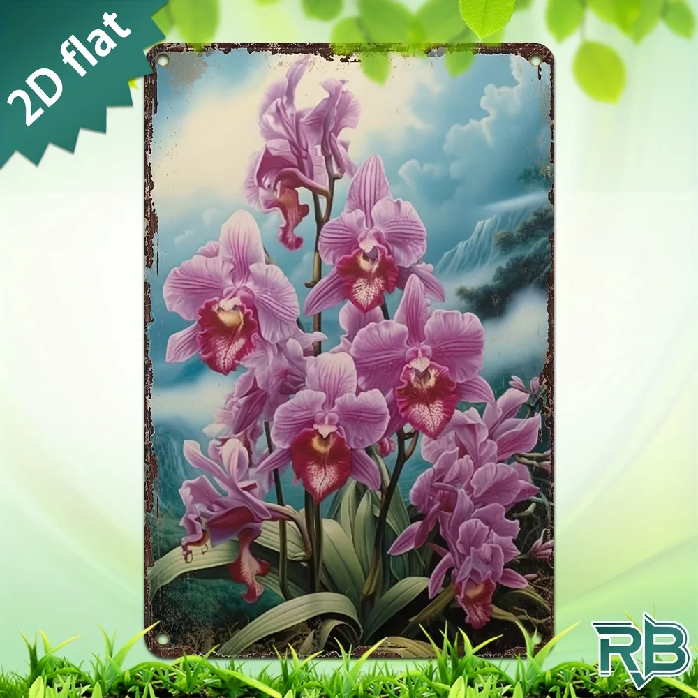 New Trendy HD Metal Wall Art - Vintage Retro 2D Flat Design Botanical Floral Illustration Featuring Exotic Pink Purple Orchids w