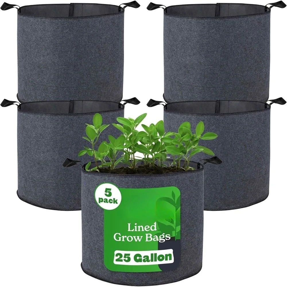 

5 Pack 25 Gallon Lined Grow Bags - Heavy Duty Fabric Pots for Vegetables, Herbs, and Flowers - Breathable Planters for Indoor &
