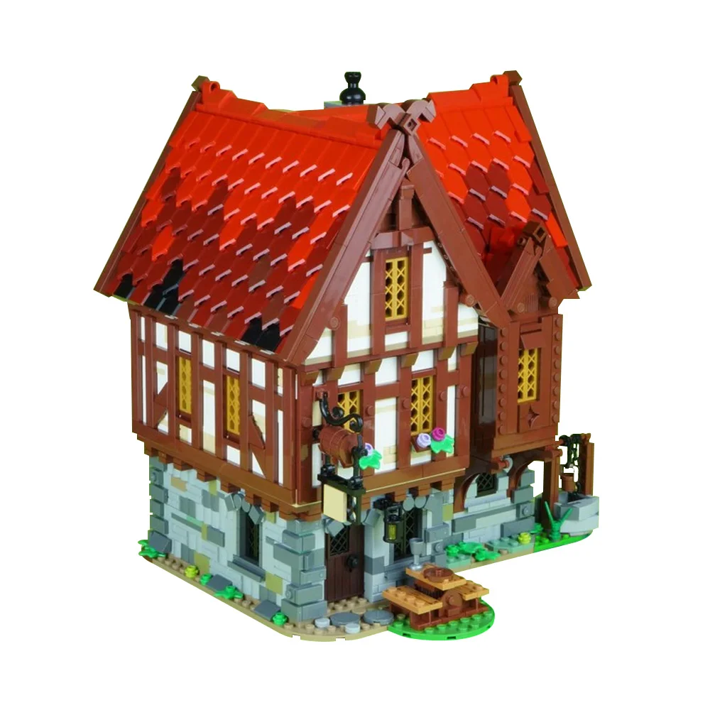 

MOC Medieval Tavern Building Blocks Model Medieval Architecture Street View Red Restaurant Bricks Assembled Toy Children Gift