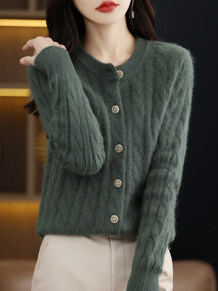 CHICUU Women Cable Knit Cardigan Sweater Autumn Winter 100% Mink Cashmere Knitwear Thick Warm Clothing Preppy Style Sweater Tops