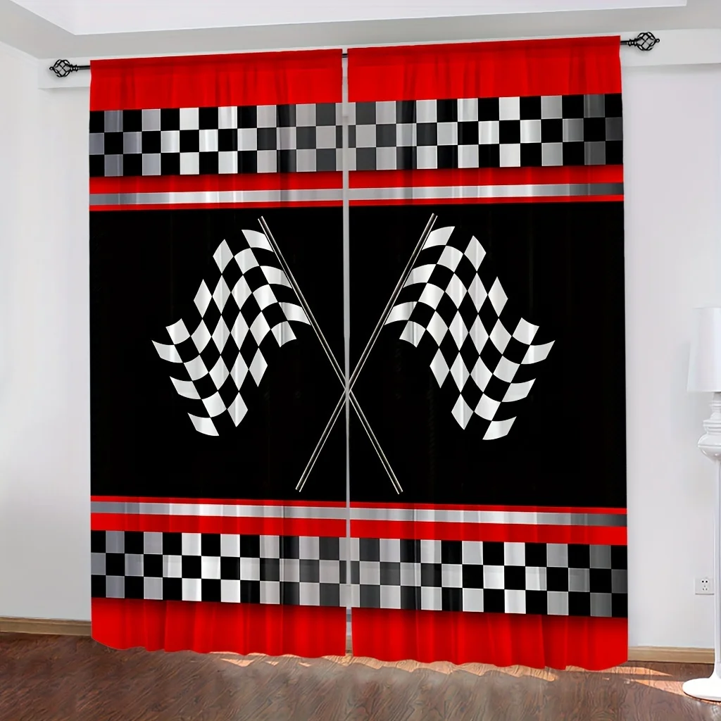 Racing Flag Checkered Blackout Curtains - Red Black Auto Sport Theme Window Drapes for Kids Room Game Room