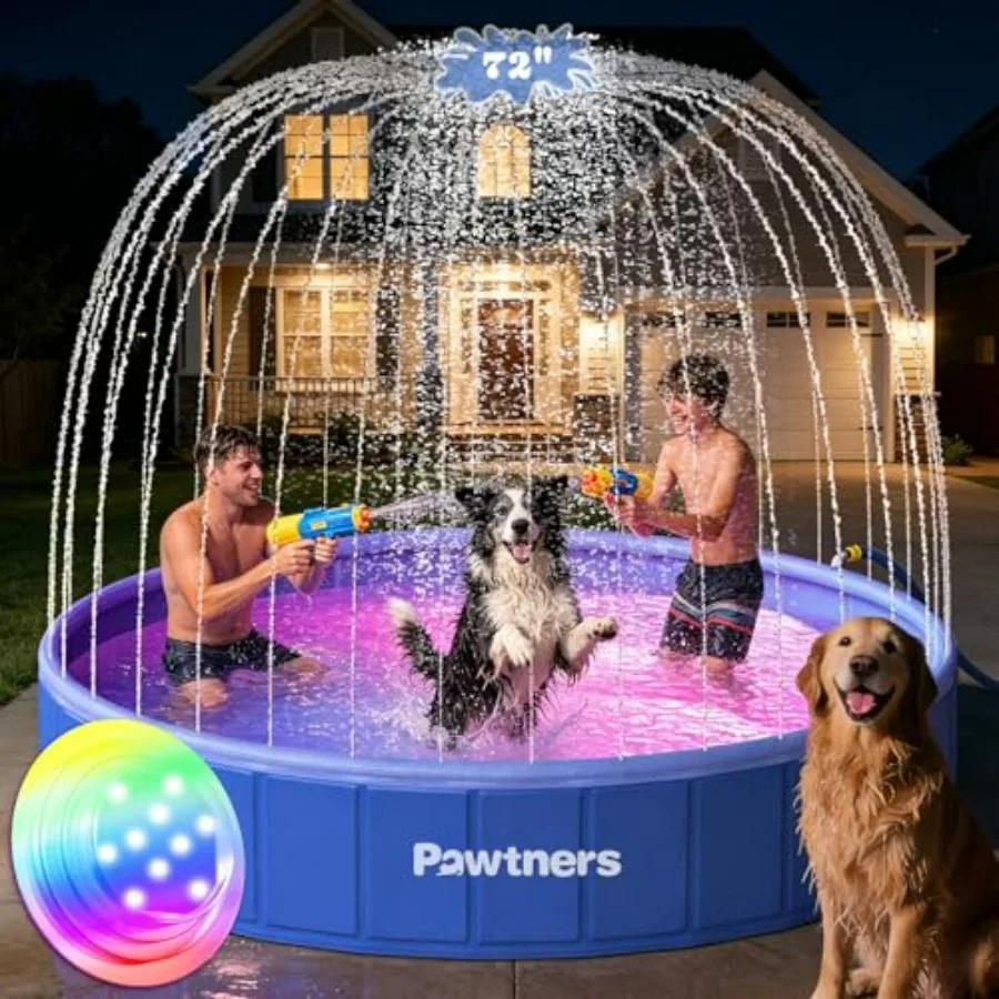 

Foldable Dog Pool with Sprinkler RGB LED Light, 72 Collapsible Hard Plastic Swimming Pool for Small Large Dogs Cats and,Portabl