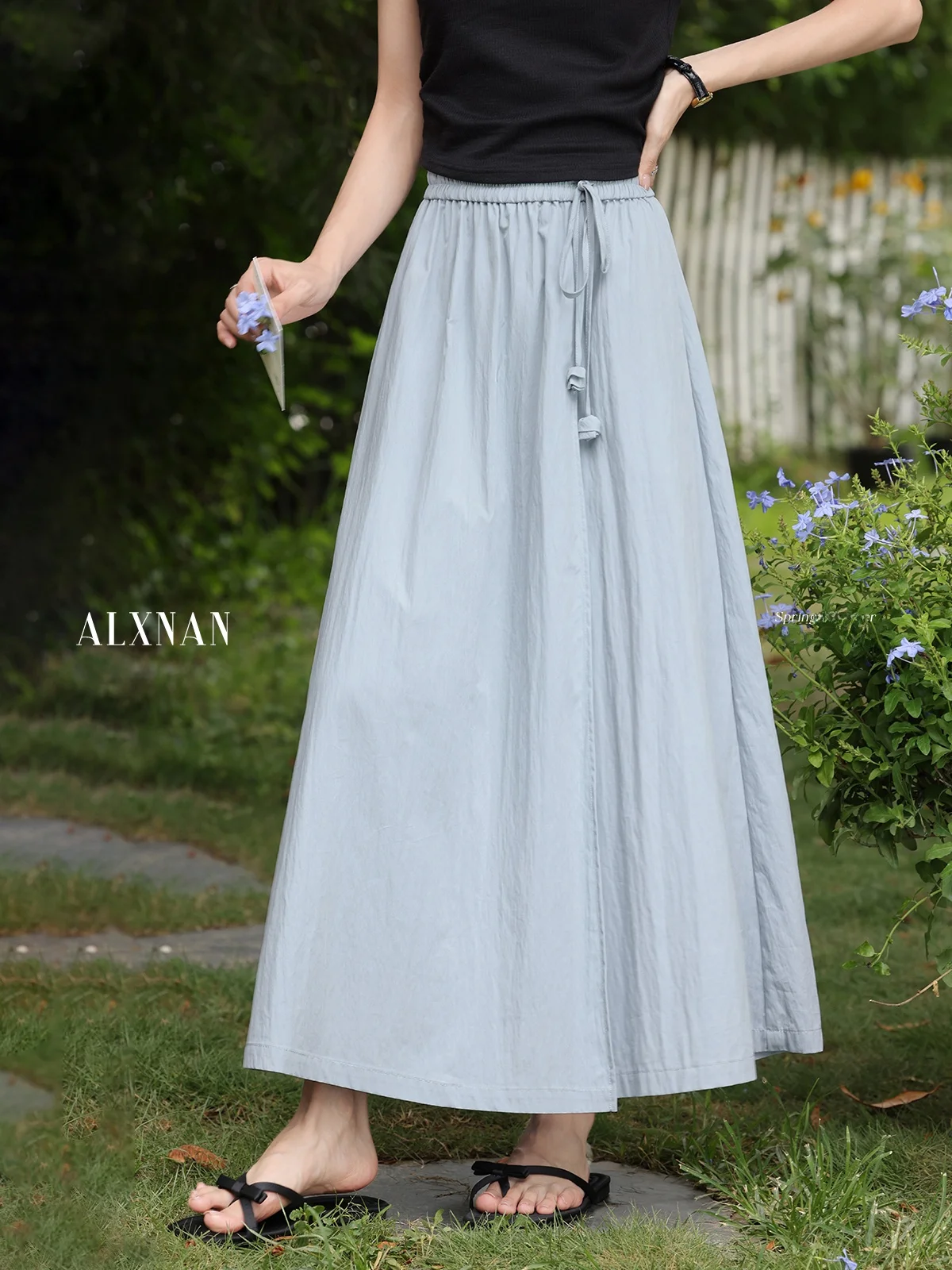 Falda Midi holgada azul romántica para mujer, novedad de verano, falda pantalón versátil Sle, falda acampanada de cintura media para ir al trabajo