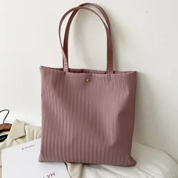 Women's Handbag Large Capacity Shopping Bag Pure Colour Stripe PU Leather Corduroy Lining Student Book Flat Handbag