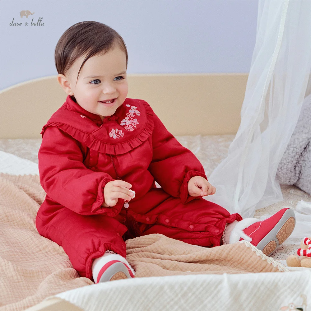 Dave Bella Newborn Cotton Jumpsuit Winter Red Celebration Set Pink Cute Outerwear Girls' Soft Single Breasted Rompers DB4253896