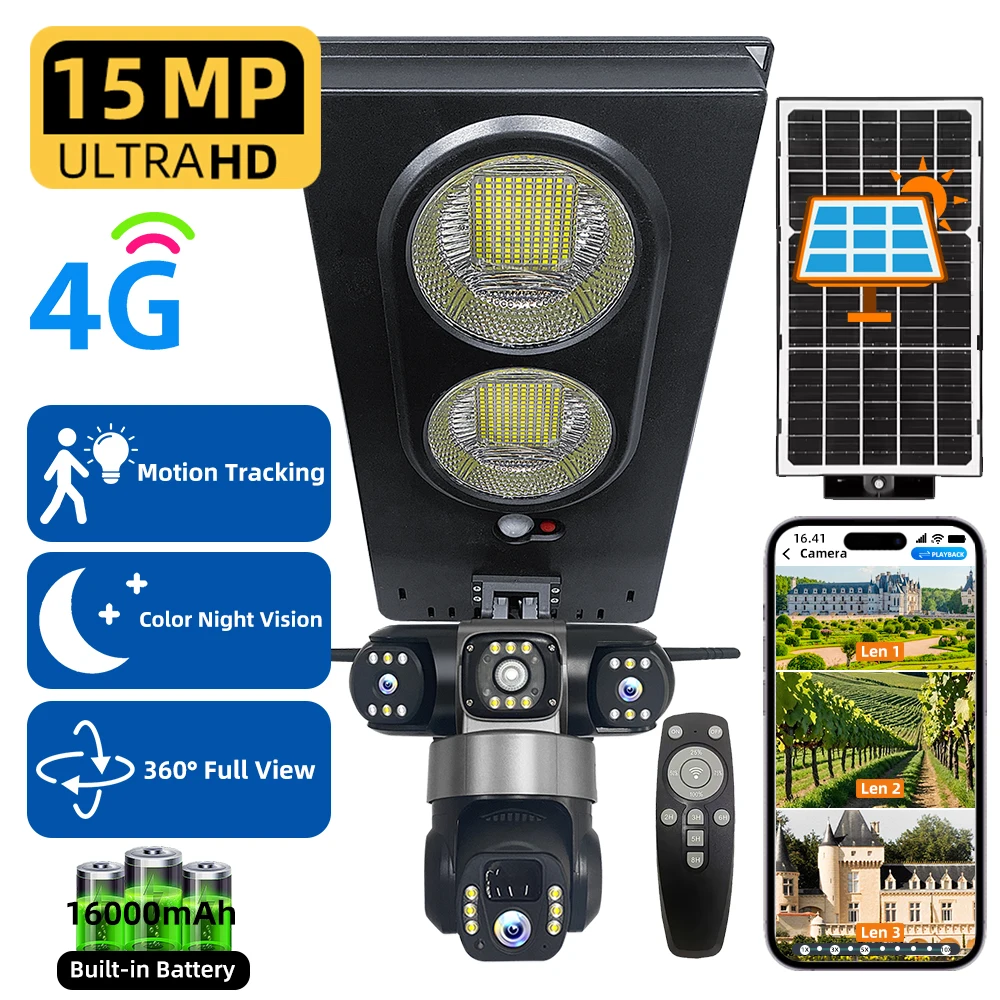 

Solar Street Light 4G CCTV Camera Triple Lens HD 15MP V380 Outdoor Waterproof Night Vision Two Way Intercom Security Protection