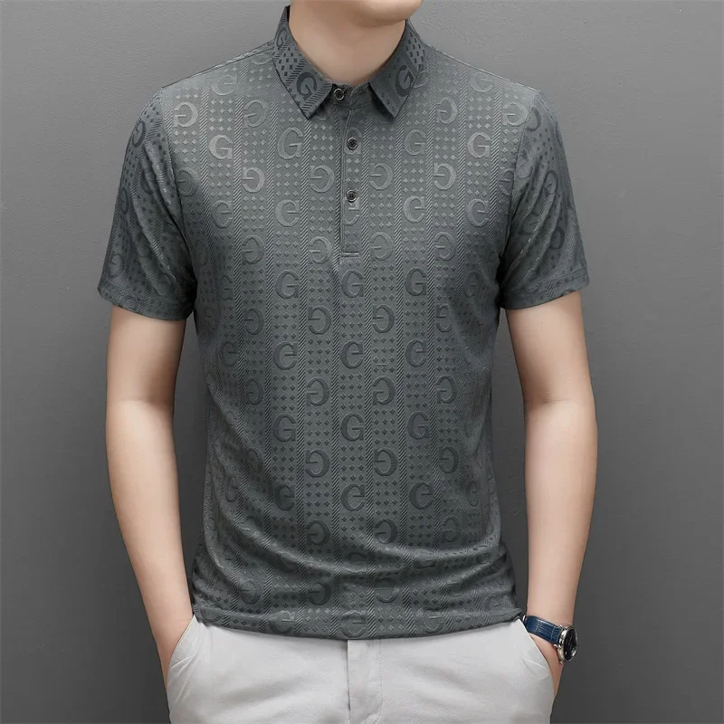 Polo informal de negocios para hombre, Camiseta holgada y cómoda con estampado impecable, manga corta, Verano