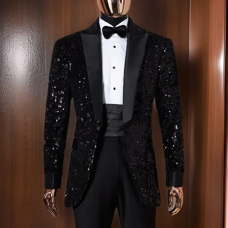 Shining Sequins Men Suits Tuxedo Slim Fit 2024 Notched Lapel Blazer with Pants 2 Piece Tailored Groom Wedding Party Jacket