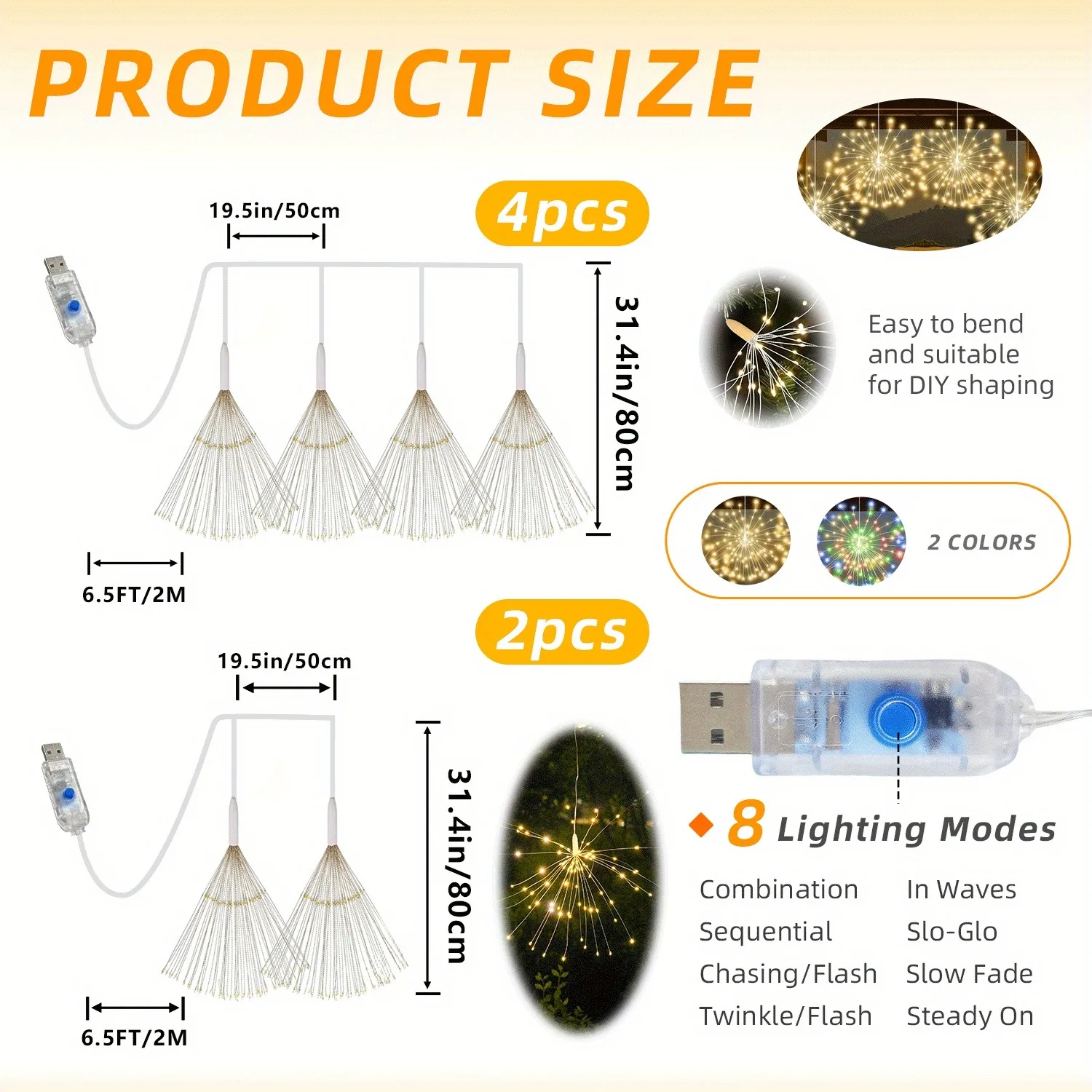 Christmas Lights USB LED Firework Starburst Fairy String Lights for Xmas Tree Window Bedroom Wedding New Year Party Decor
