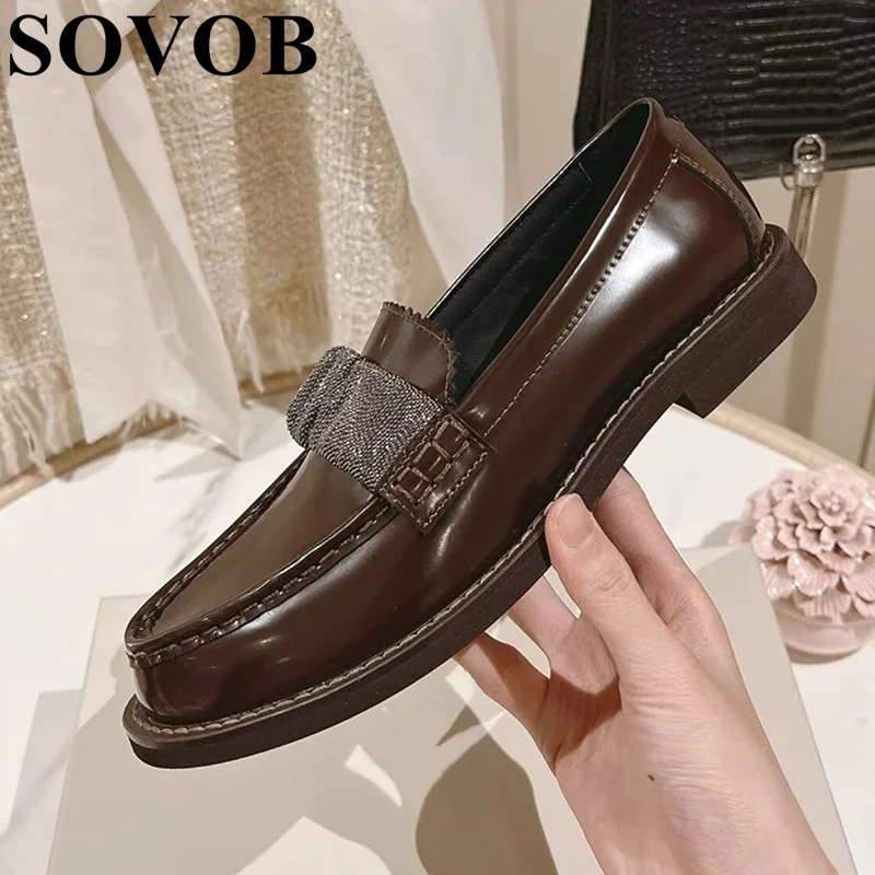 Spring Autumn Lacquer Leather Metal Beads Retro Lazy Loafers Ladies Shallow Mouth Sweet Mary Jane Shoes Leisure Walking Shoes