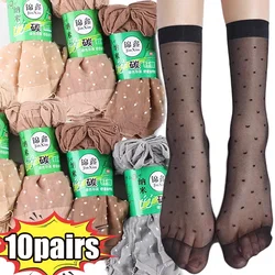 Ultrathin Nylon Mid-tube Sock Women Black Skin Dot Silk Socks Summer Short Hosiery Female Breathable Non-Slip Stretch Ankle Sox