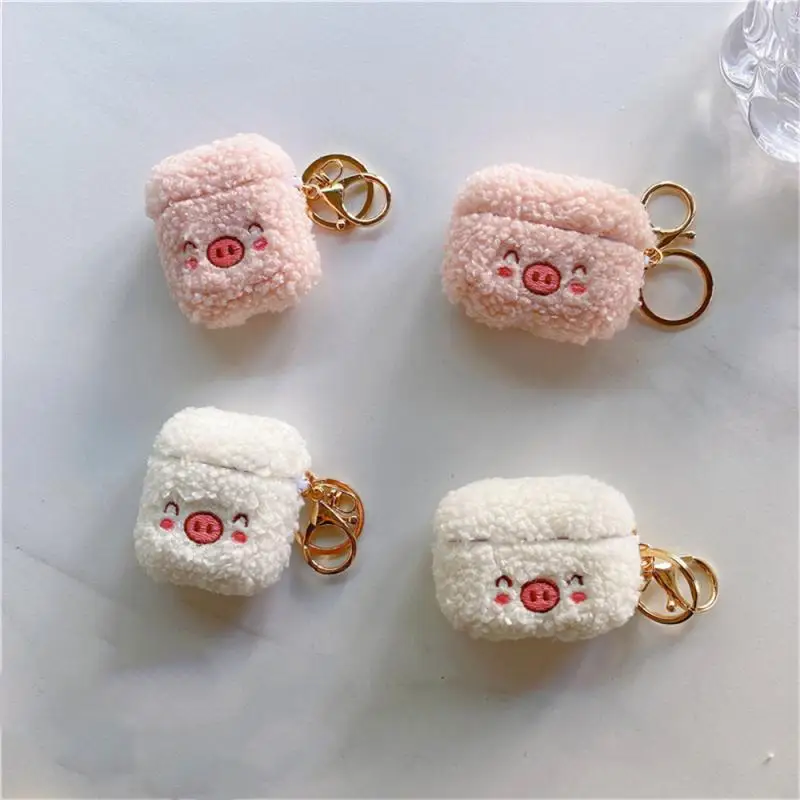 Lovely Cute Pink Pig Fluffy Fur Earphone Case Soft Plush Cover With Keychain Wireless Charging Box ﻿